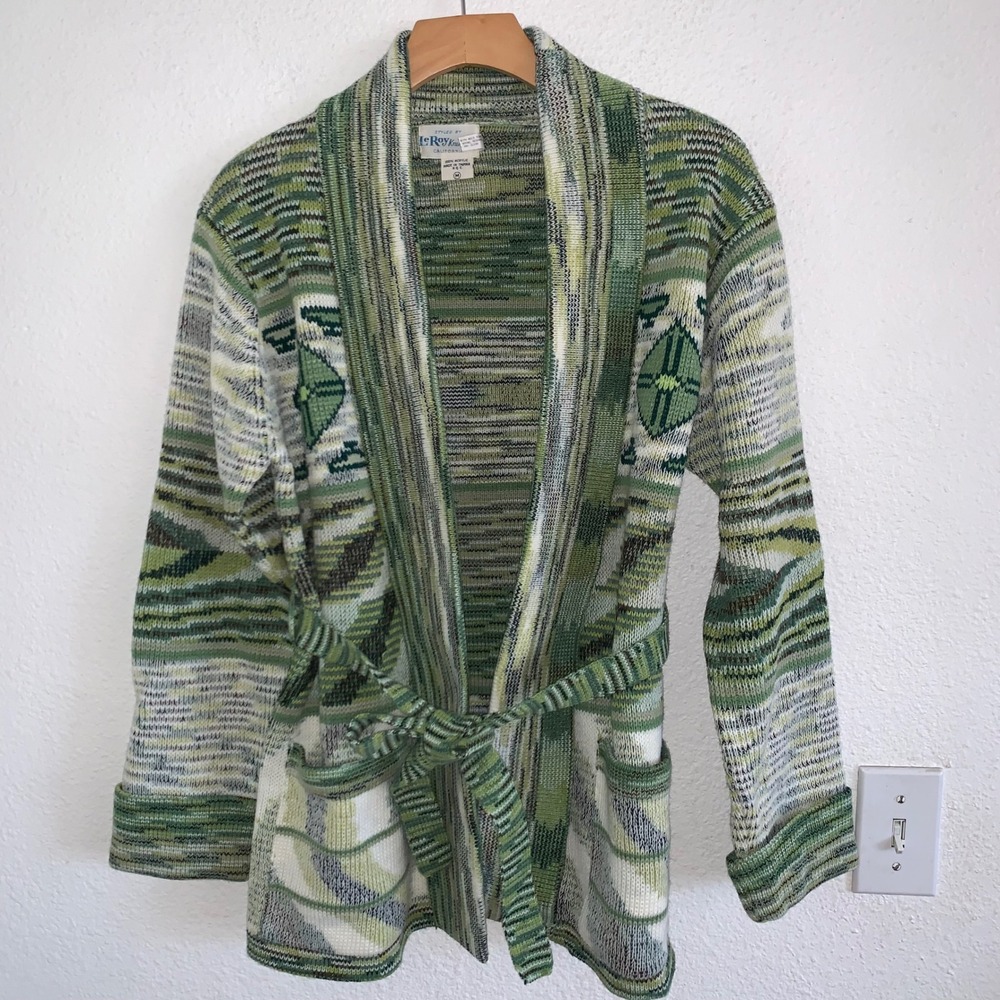 Vintage LeRoy Knitwear Green Geometric Space Dye Belted Cardigan Sweater Medium